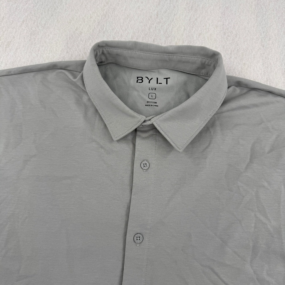 BYLT Basics Lux Short Sleeve Button Down Shirt Mens L Gray Minimalist Athleisure